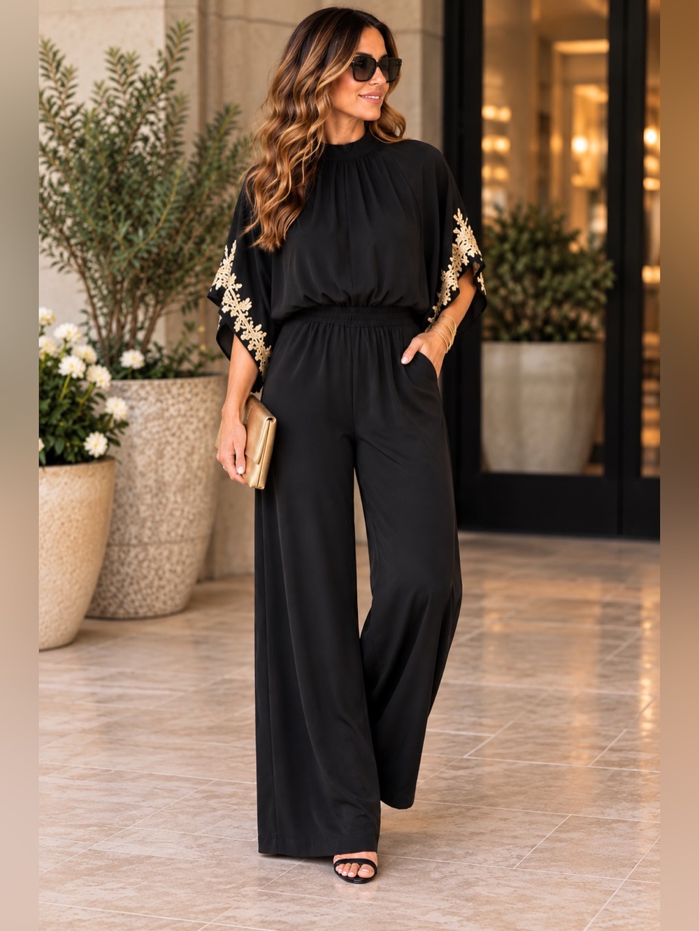 Black Wide Leg Jumpsuit XL Gold Embroidered Sleeve Back Tie Neck Batwing
